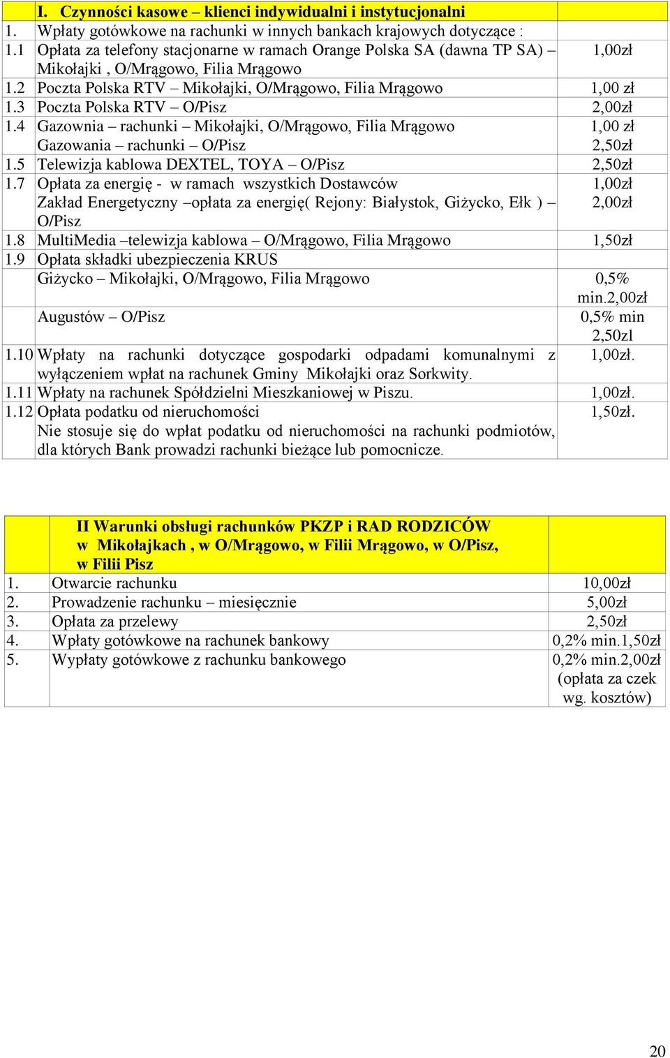 3 Poczta Polska RTV O/Pisz 2,00zł 1.4 Gazownia rachunki Mikołajki, O/Mrągowo, Filia Mrągowo 1,00 zł Gazowania rachunki O/Pisz 2,50zł 1.5 Telewizja kablowa DEXTEL, TOYA O/Pisz 2,50zł 1.