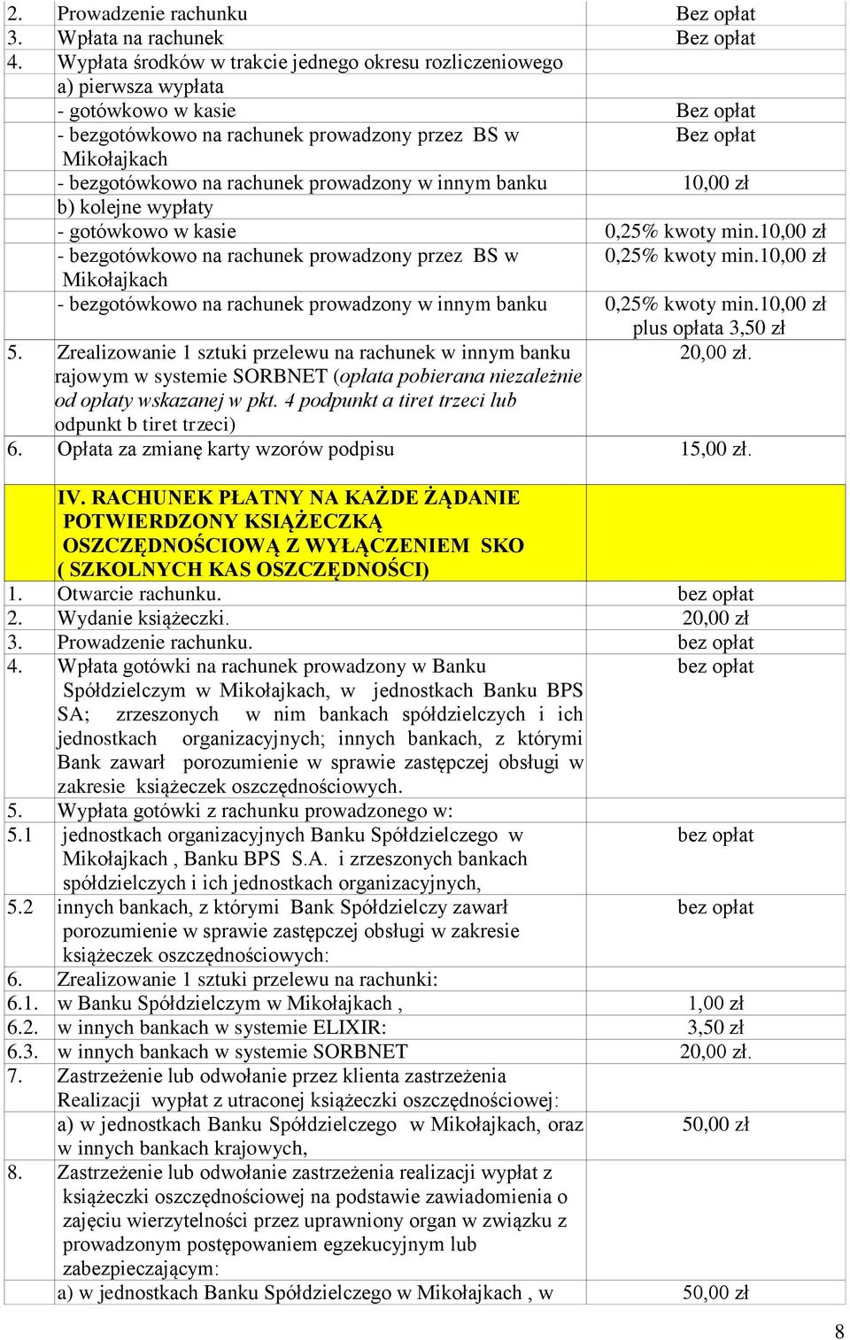 rachunek prowadzony w innym banku 10,00 zł b) kolejne wypłaty - gotówkowo w kasie 0,25% kwoty min.10,00 zł - bezgotówkowo na rachunek prowadzony przez BS w 0,25% kwoty min.