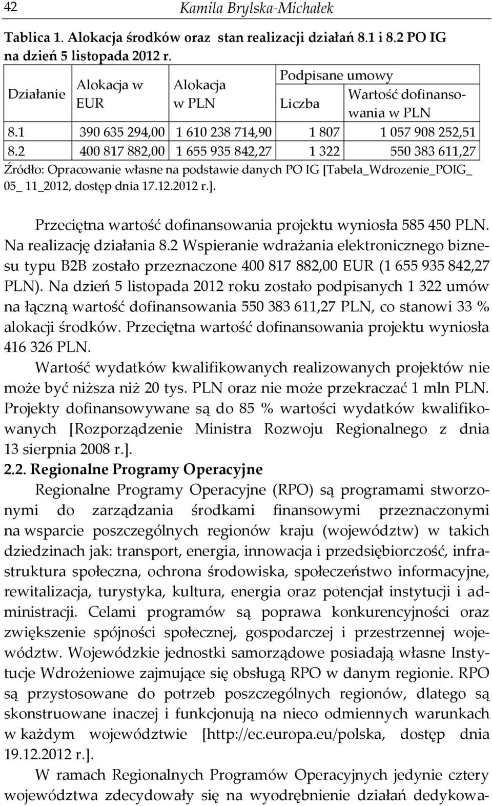 2 400 817 882,00 1 655 935 842,27 1 322 550 383 611,27 Źródło: Opracowanie własne na podstawie danych PO IG [Tabela_Wdrozenie_POIG_ 05_ 11_2012, dostęp dnia 17.12.2012 r.].