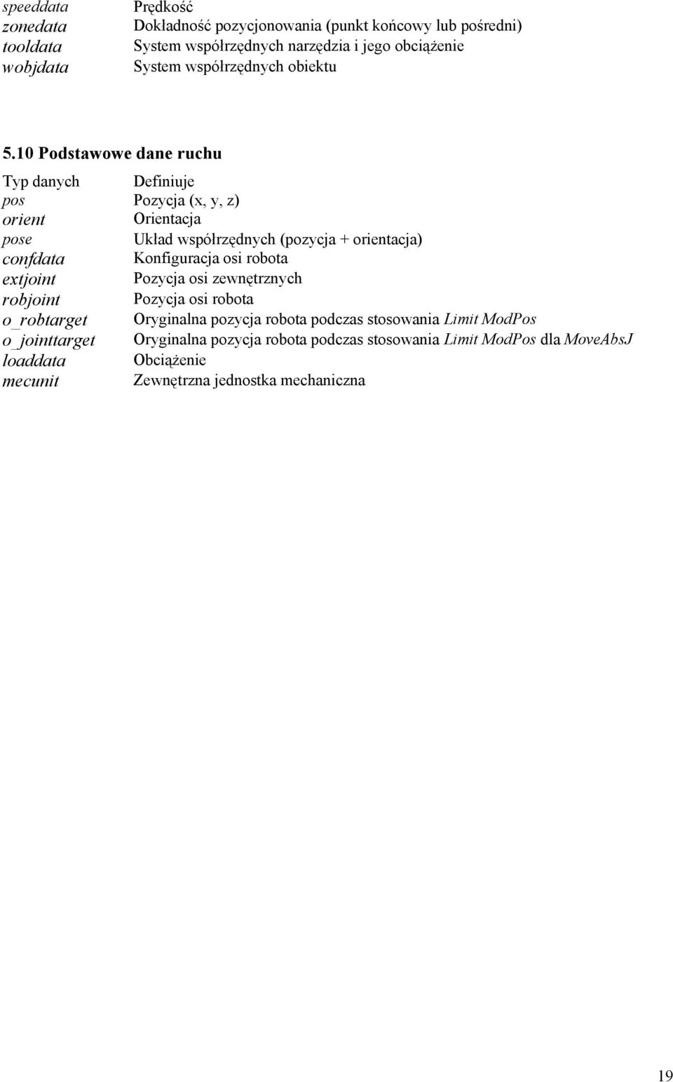 10 Podstawowe dane ruchu Typ danych Definiuje pos Pozycja (x, y, z) orient Orientacja pose Układ współrzędnych (pozycja + orientacja) confdata Konfiguracja