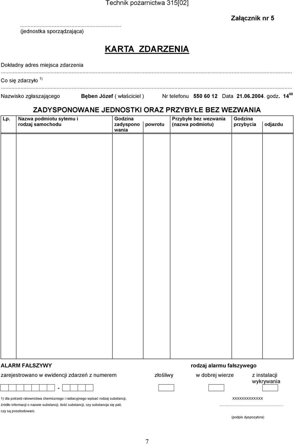 Nazwa podmiotu sytemu i Godzina Przybyłe bez wezwania Godzina rodzaj samochodu zadyspono wania powrotu (nazwa podmiotu) przybycia odjazdu ALARM FAŁSZYWY rodzaj alarmu fałszywego zarejestrowano