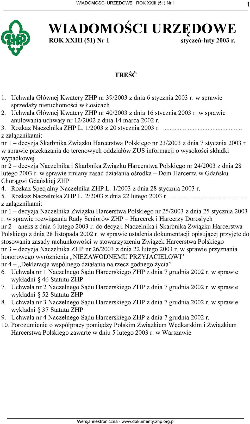 ... z załącznikami: nr 1 decyzja Skarbnika Związku Harcerstwa Polskiego nr 23/2003 z dnia 7 stycznia 2003 r.