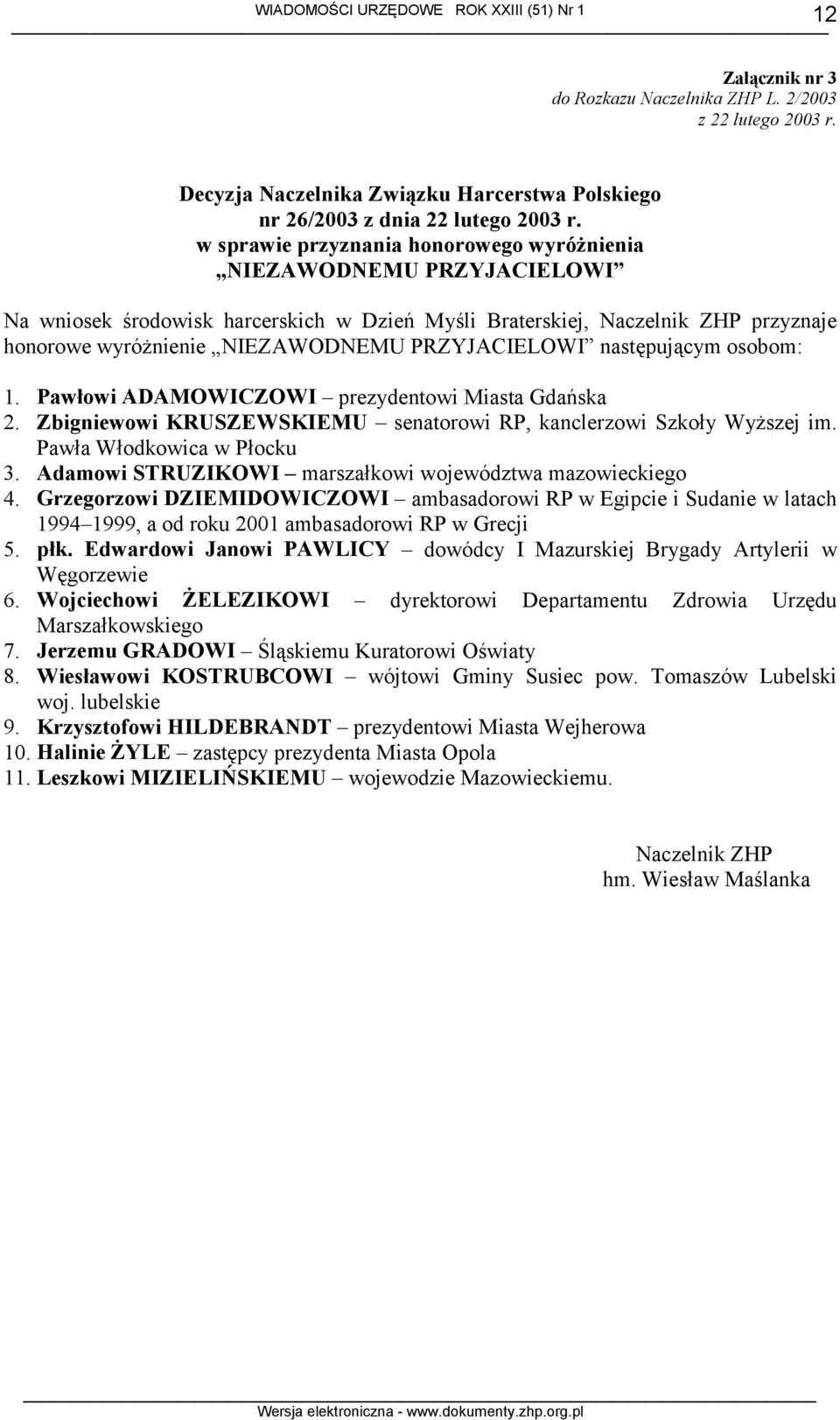 PRZYJACIELOWI następującym osobom: 1. Pawłowi ADAMOWICZOWI prezydentowi Miasta Gdańska 2. Zbigniewowi KRUSZEWSKIEMU senatorowi RP, kanclerzowi Szkoły Wyższej im. Pawła Włodkowica w Płocku 3.