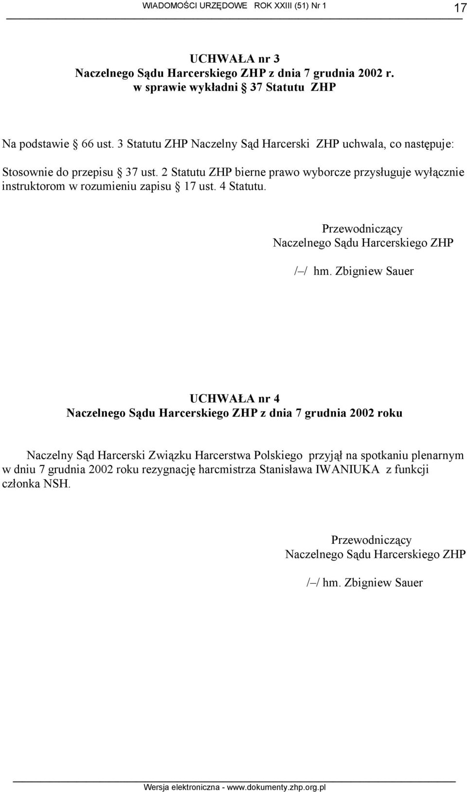 2 Statutu ZHP bierne prawo wyborcze przysługuje wyłącznie instruktorom w rozumieniu zapisu 17 ust. 4 Statutu. Przewodniczący Naczelnego Sądu Harcerskiego ZHP / / hm.