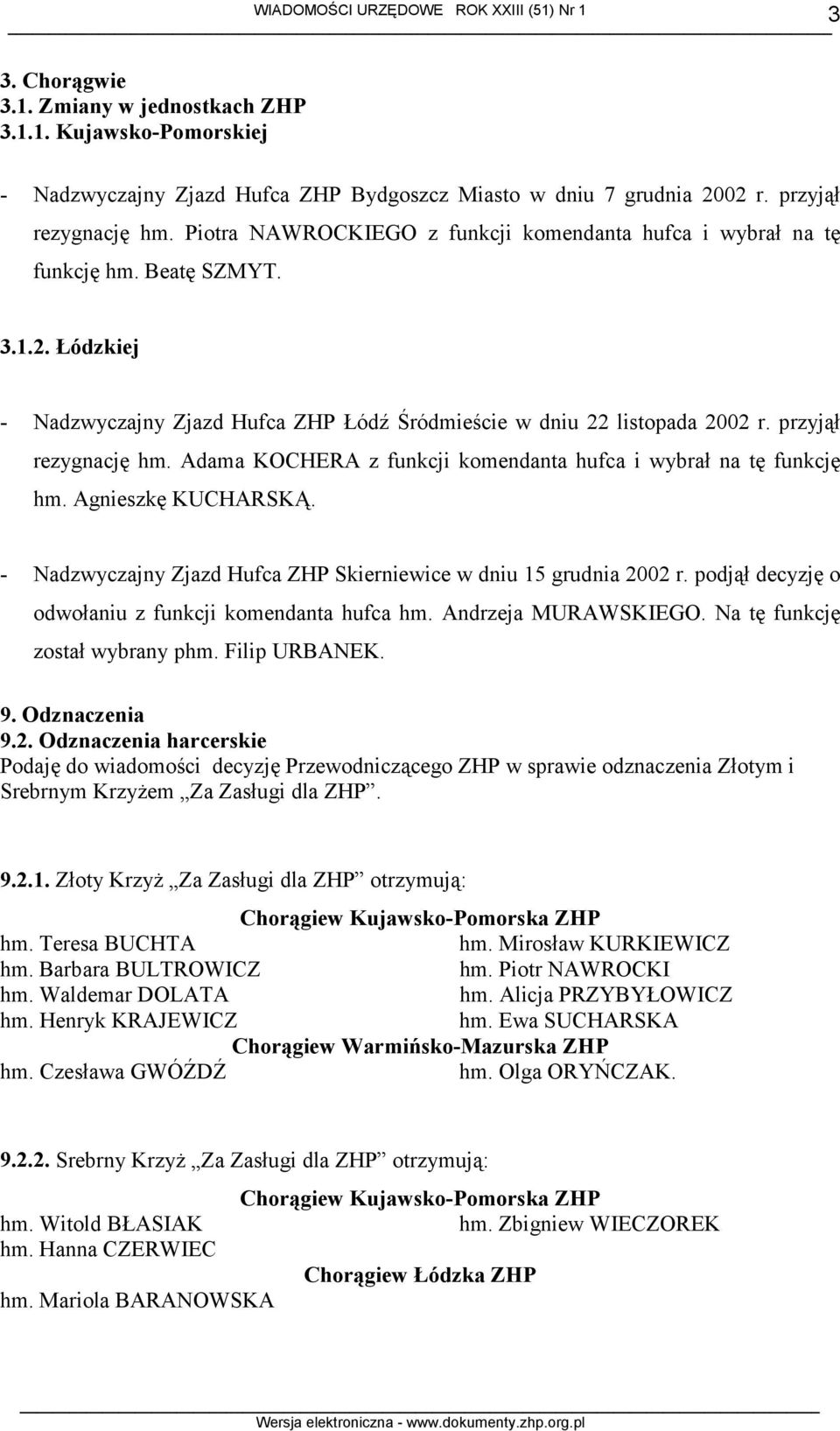 Adama KOCHERA z funkcji komendanta hufca i wybrał na tę funkcję hm. Agnieszkę KUCHARSKĄ. - Nadzwyczajny Zjazd Hufca ZHP Skierniewice w dniu 15 grudnia 2002 r.