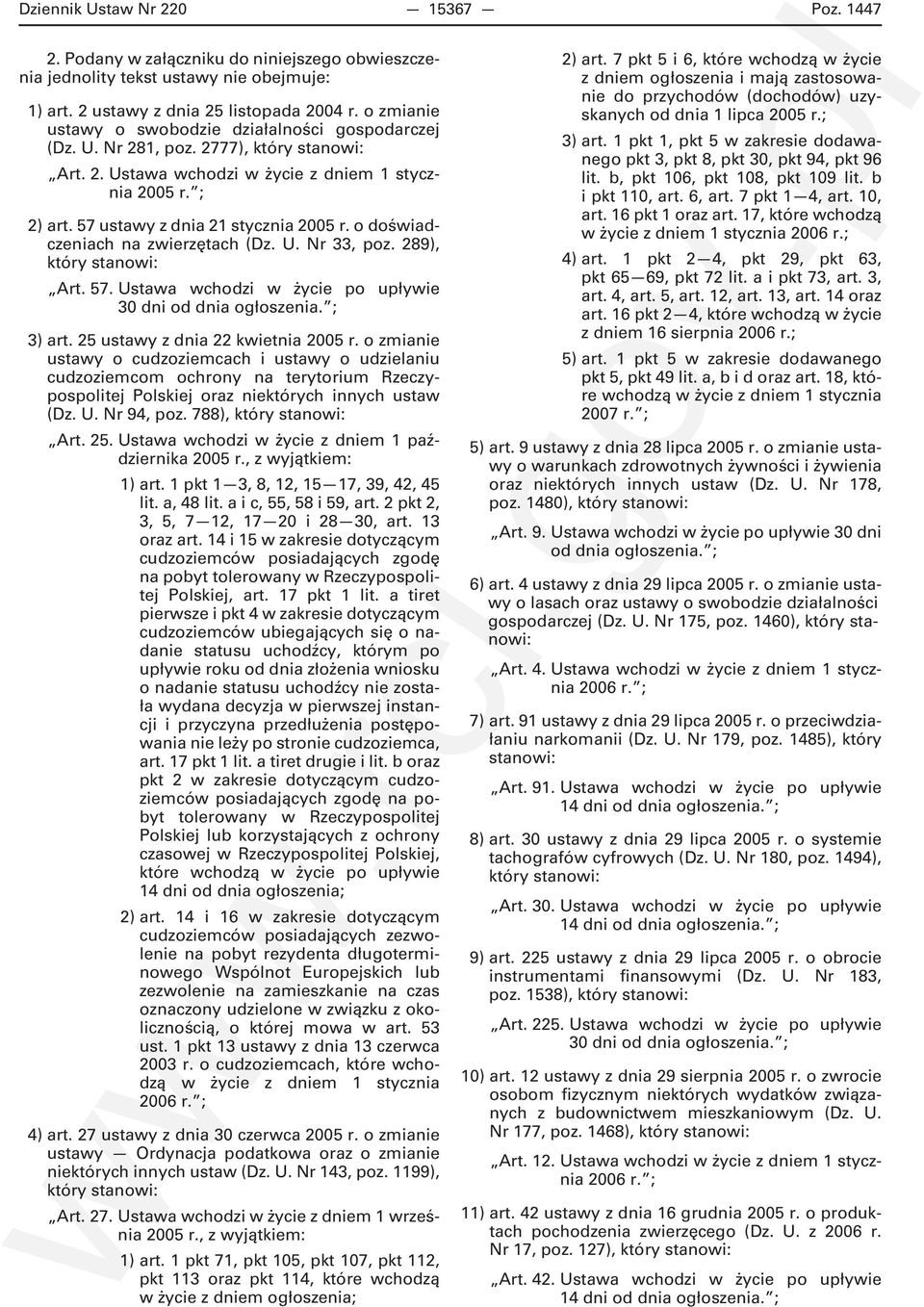 57 ustawy z dnia 21 stycznia 2005 r. o doświadczeniach na zwierzętach (Dz. U. Nr 33, poz. 289), który stanowi: Art. 57. Ustawa wchodzi w życie po upływie 30 dni od dnia ogłoszenia. ; 3) art.