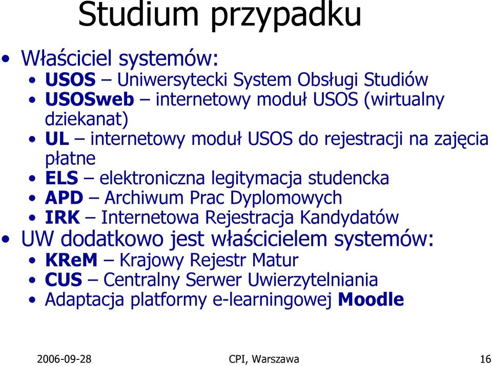 studencka APD Archiwum Prac Dyplomowych IRK Internetowa Rejestracja Kandydatów UW dodatkowo jest właścicielem systemów: