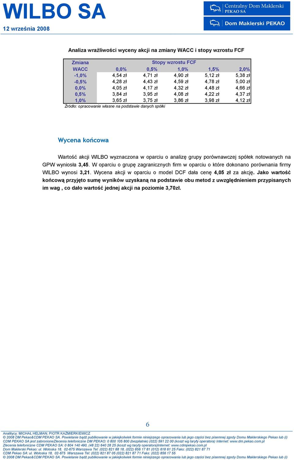 spółki Wycena końcowa Wartość akcji WILBO wyznaczona w oparciu o analizę grupy porównawczej spółek notowanych na GPW wyniosła 3,45.