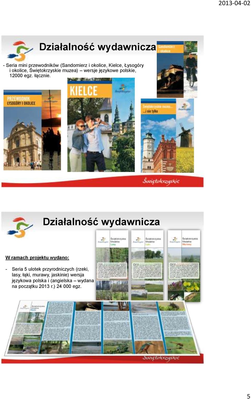 Działalność wydawnicza W ramach projektu wydano: - Seria 5 ulotek przyrodniczych (rzeki,