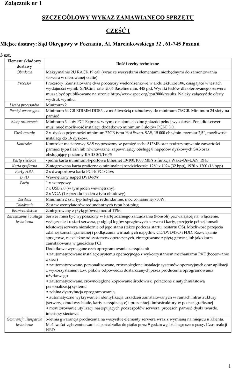 wielordzeniowe w architekturze x86, osiągające w testach wydajności wynik SPECint_rate_2006 Baseline min. 445 pkt. Wyniki testów dla oferowanego serwera muszą być opublikowane na stronie http://www.