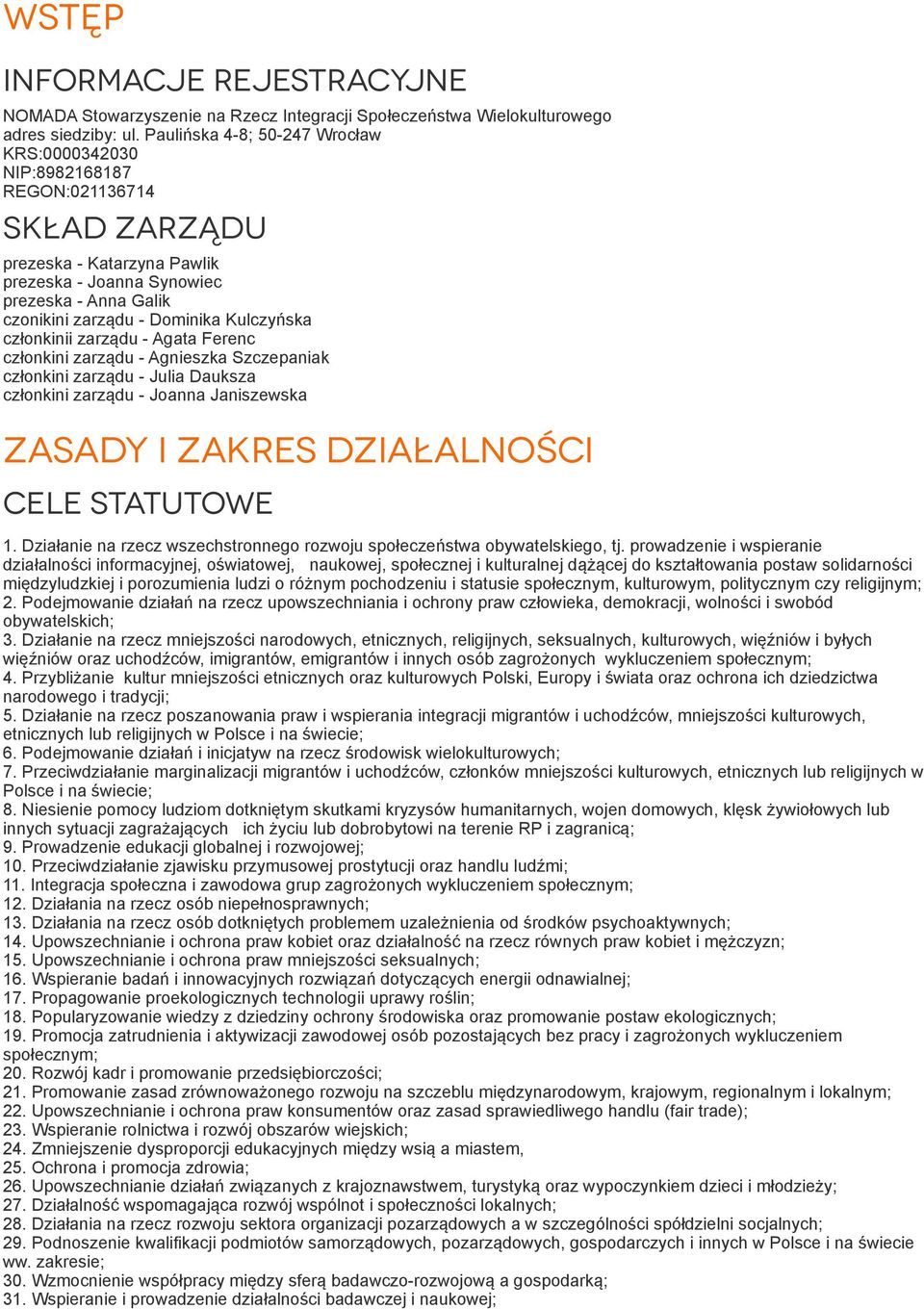 Kulczyńska członkinii zarządu - Agata Ferenc członkini zarządu - Agnieszka Szczepaniak członkini zarządu - Julia Dauksza członkini zarządu - Joanna Janiszewska Zasady i zakres działalności Cele