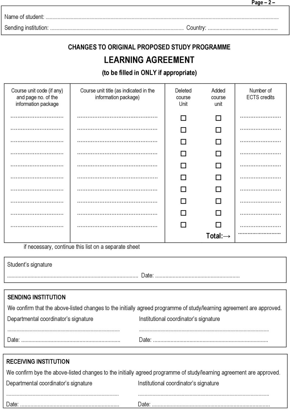 of the information package Course unit title (as indicated in the information package) Deleted course Unit Added course unit Number of ECTS credits.