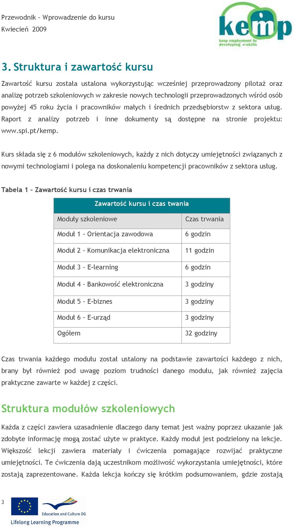 Kurs składa się z 6 modułów szkoleniowych, kaŝdy z nich dotyczy umiejętności związanych z nowymi technologiami i polega na doskonaleniu kompetencji pracowników z sektora usług.