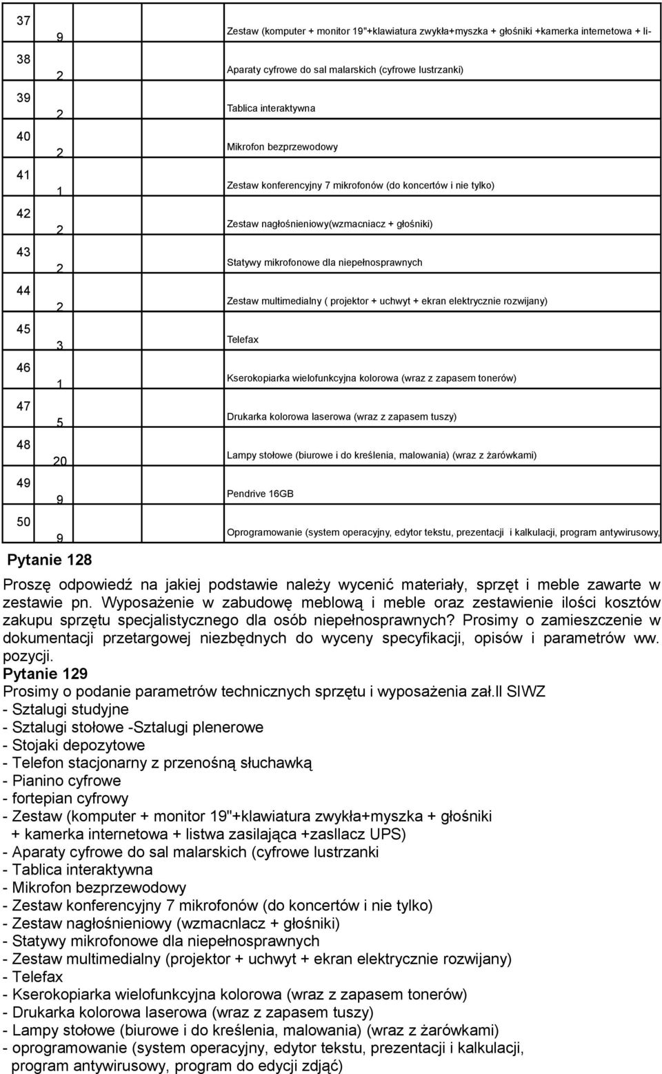 mikrofonowe dla niepełnosprawnych Zestaw multimedialny ( projektor + uchwyt + ekran elektrycznie rozwijany) Telefax Kserokopiarka wielofunkcyjna kolorowa (wraz z zapasem tonerów) Drukarka kolorowa