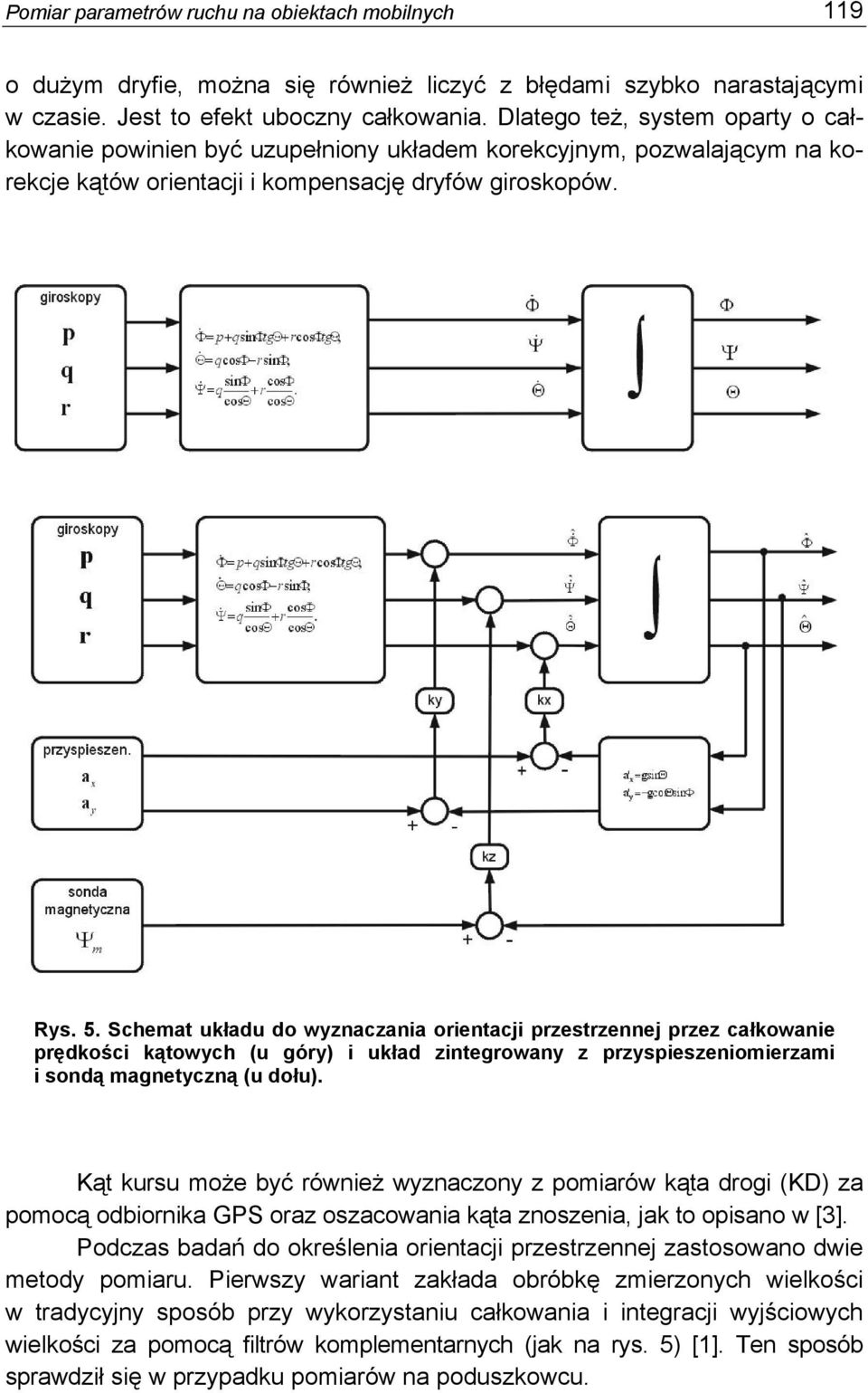 Schemat układu do wyznaczania orientacji przestrzennej przez całkowanie prędkości kątowych (u góry) i układ zintegrowany z przyspieszeniomierzami i sondą magnetyczną (u dołu).