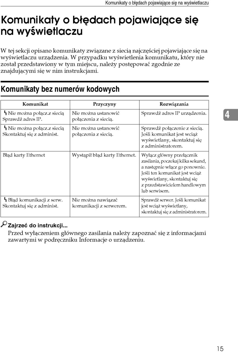 Komunikaty bez numerów kodowych Komunikat Przyczyny Rozwiàzania hnie moåna poâàcz.z siecià Sprawdä adres IP. hnie moåna poâàcz.z siecià Skontaktuj siê z administ.