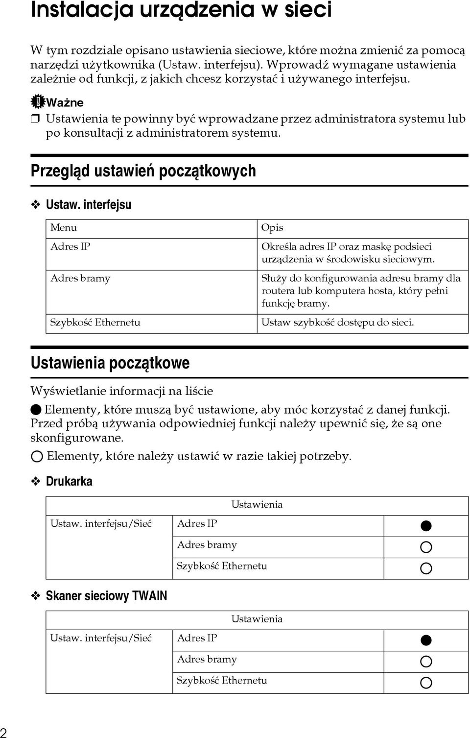 Waåne Ustawienia te powinny byæ wprowadzane przez administratora systemu lub po konsultacji z administratorem systemu. Przeglàd ustawieñ poczàtkowych Ustaw.