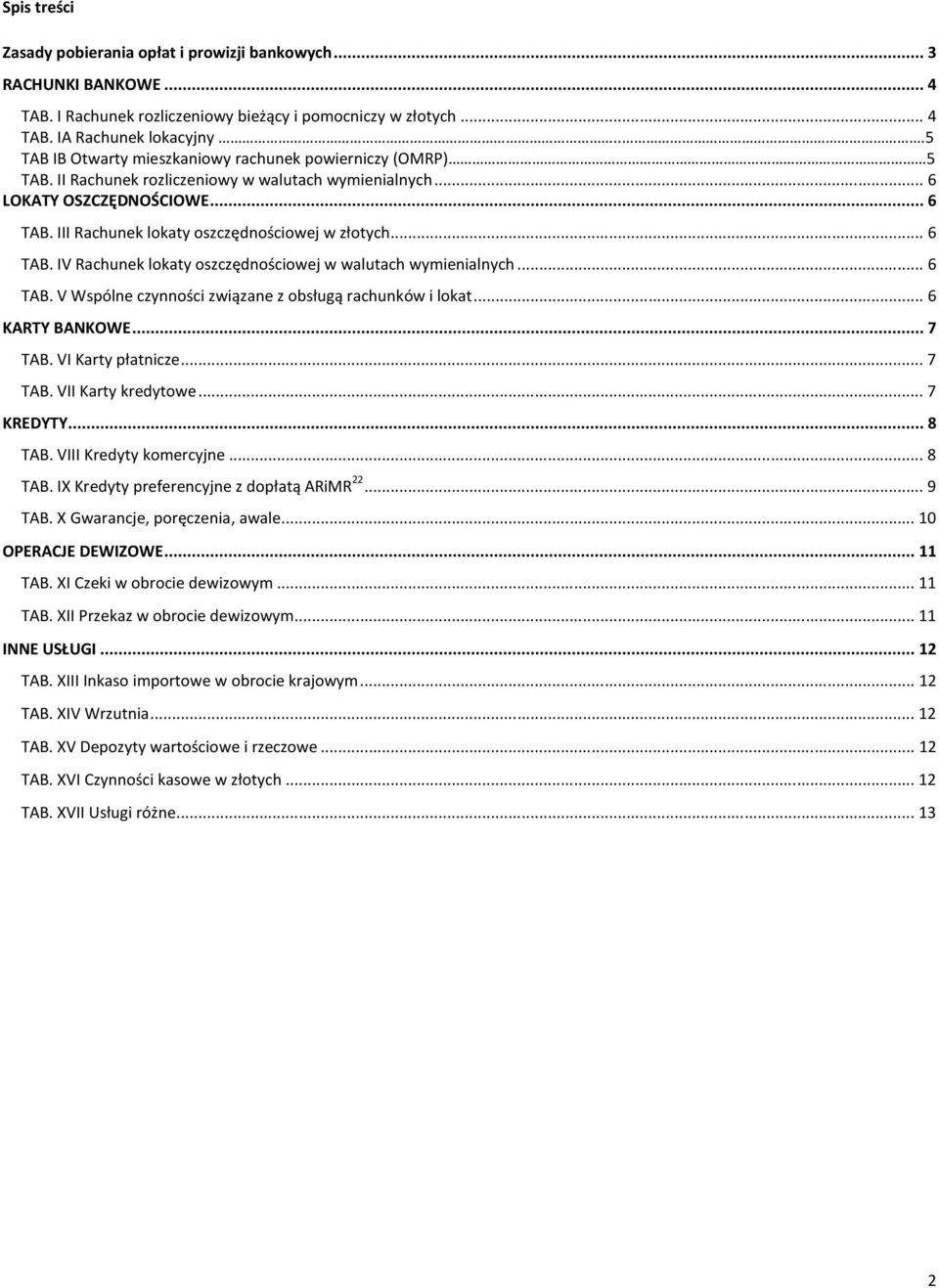 .. TAB. IV Rachunek lokaty oszczędnościowej w walutach wymienialnych... TAB. V Wspólne czynności związane z obsługą rachunków i lokat... KARTY BANKOWE... 7 TAB. VI Karty płatnicze... 7 TAB. VII Karty kredytowe.