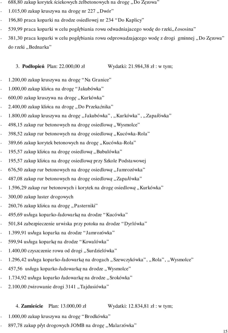 praca koparki w celu pog biania rowu odprowadzaj cego wod z drogi gminnej Do Z zowa do rzeki Bednarka 3. Pod opie Plan: 22.000,00 z Wydatki: 21.984,38 z : w tym; - 1.