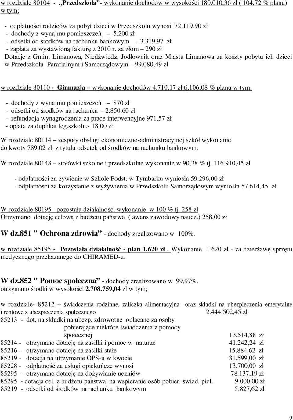 za z om 290 z Dotacje z Gmin; Limanowa, Nied wied, Jod ownik oraz Miasta Limanowa za koszty pobytu ich dzieci w Przedszkolu Parafialnym i Samorz dowym 99.