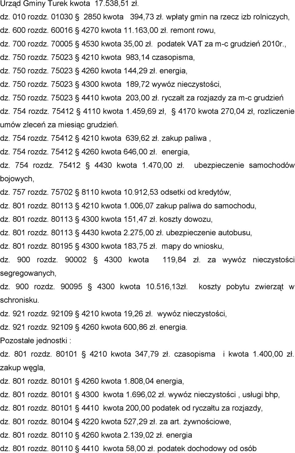 750 rozdz. 75023 4410 kwota 203,00 zł. ryczałt za rozjazdy za m-c grudzień dz. 754 rozdz. 75412 4110 kwota 1.459,69 zł, 4170 kwota 270,04 zł, rozliczenie umów zleceń za miesiąc grudzień. dz. 754 rozdz. 75412 4210 kwota 639,62 zł.