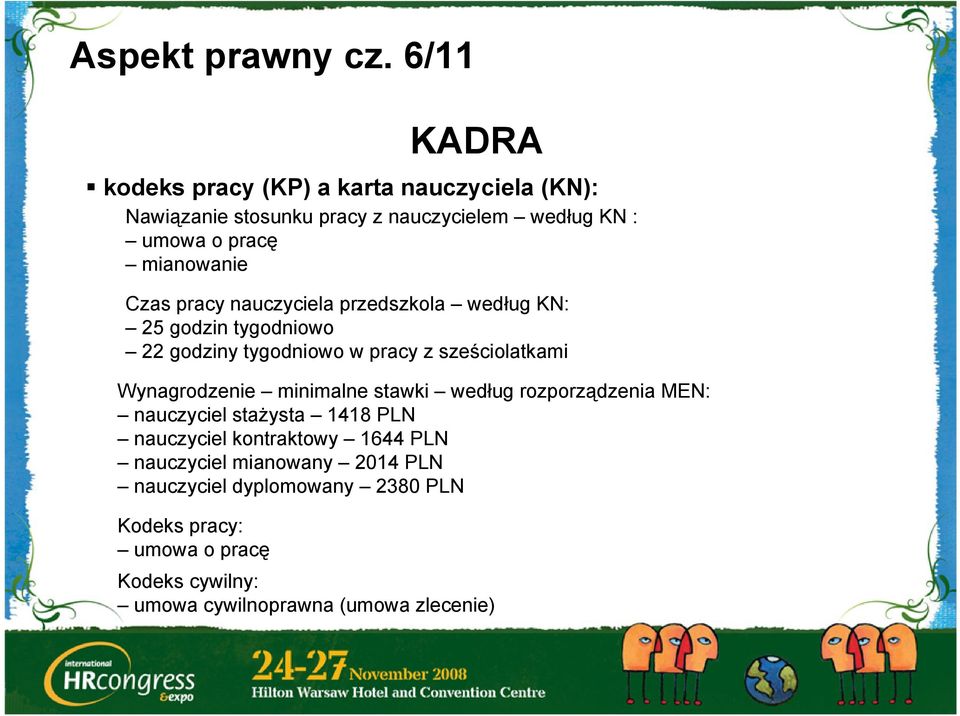 mianowanie Czas pracy nauczyciela przedszkola według KN: 25 godzin tygodniowo 22 godziny tygodniowo w pracy z sześciolatkami