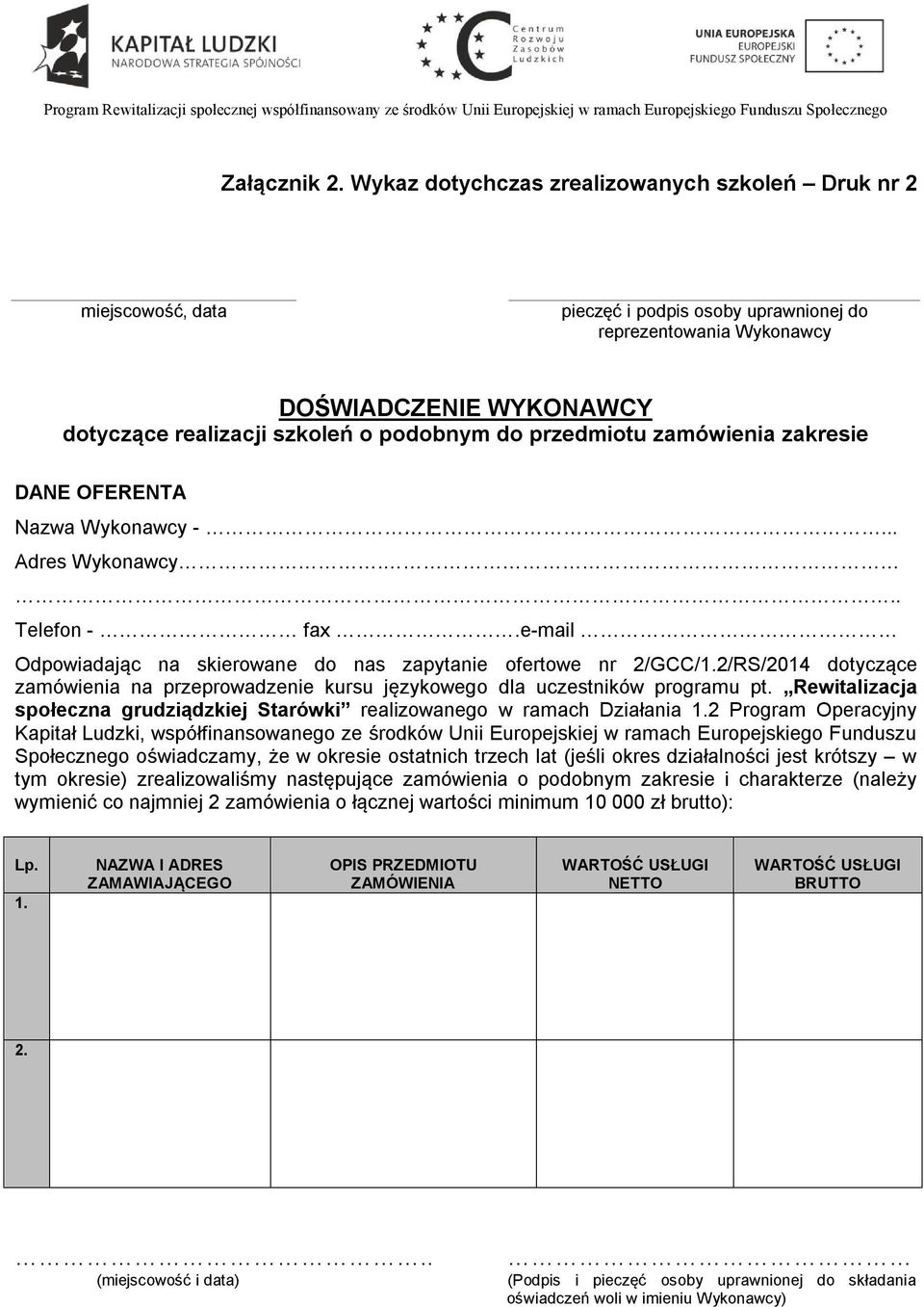 przedmiotu zamówienia zakresie DANE OFERENTA Nazwa Wykonawcy -... Adres Wykonawcy... Telefon - fax.e-mail Odpowiadając na skierowane do nas zapytanie ofertowe nr 2/GCC/1.