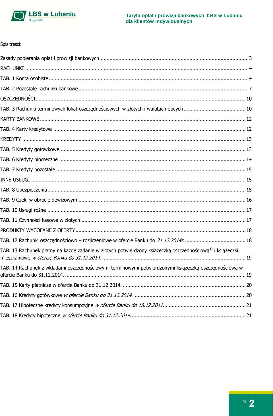 .. 14 TAB. 7 Kredyty pozostałe... 15 INNE USŁUGI... 15 TAB. 8 Ubezpieczenia... 15 TAB. 9 Czeki w obrocie dewizowym... 16 TAB. 10 Usługi różne... 17 TAB. 11 Czynności kasowe w złotych.