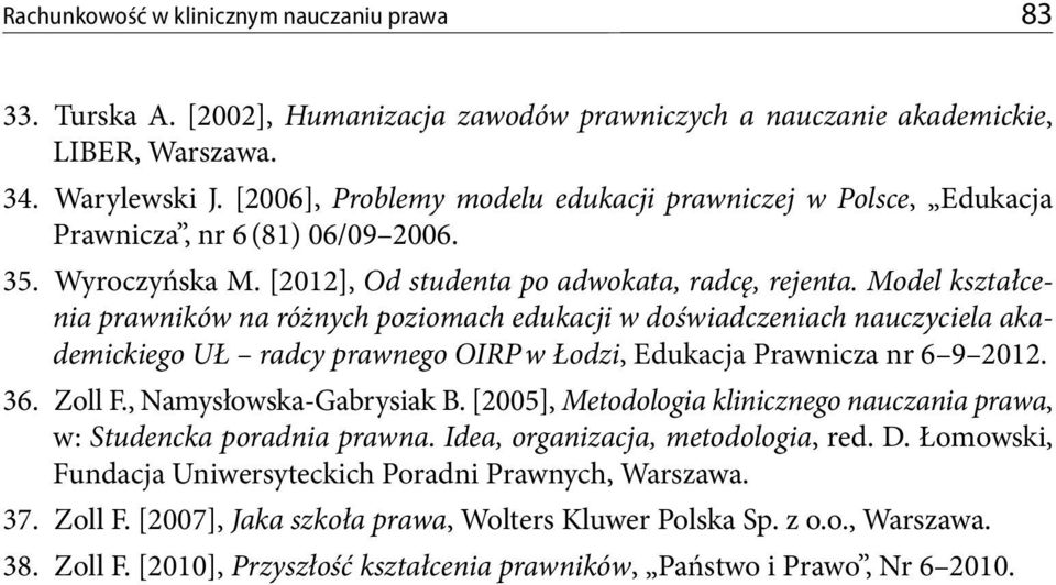 Model kształcenia prawników na różnych poziomach edukacji w doświadczeniach nauczyciela akademickiego UŁ radcy prawnego OIRP w Łodzi, Edukacja Prawnicza nr 6 9 2012. 36. Zoll F.