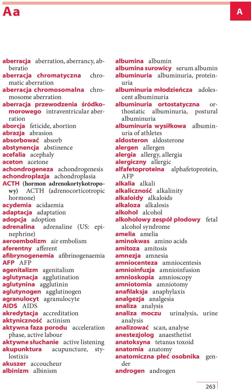 (hormon adrenokortykotropowy) ACTH (adrenocorticotropic hormone) acydemia acidaemia adaptacja adaptation adopcja adoption adrenalina adrenaline (US: epinephrine) aeroembolizm air embolism aferentny