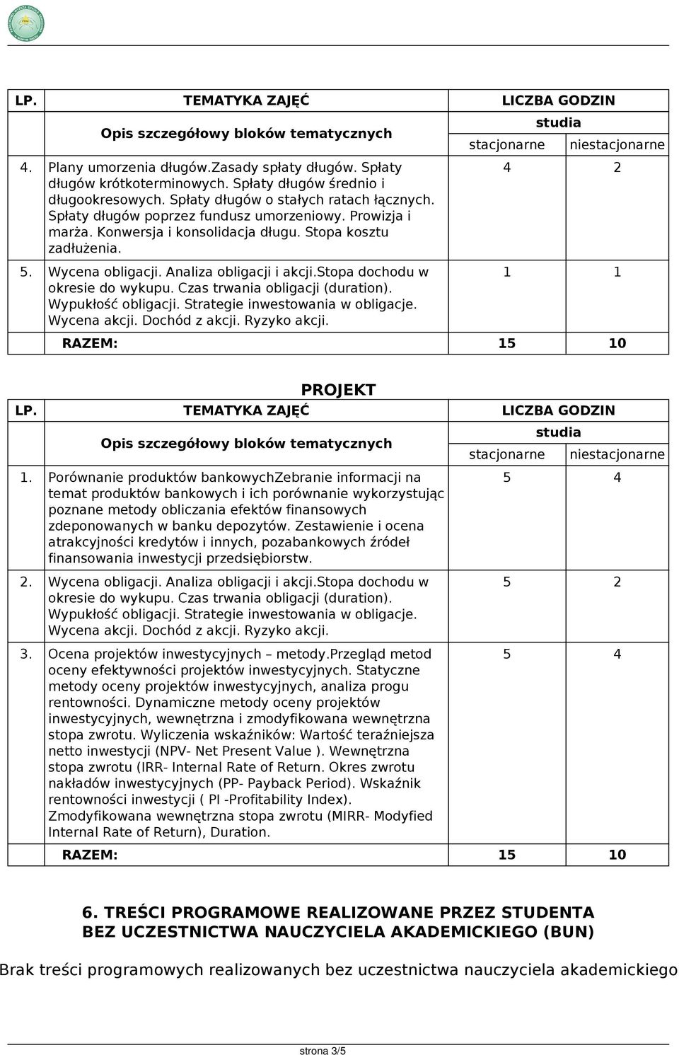Czas trwania obligacji (duration). Wypukłość obligacji. Strategie inwestowania w obligacje. Wycena akcji. Dochód z akcji. Ryzyko akcji. stacjonarne niestacjonarne 4 2 1 1 RAZEM: 15 10 PROJEKT LP.