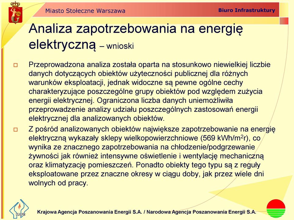 Ograniczona liczba danych uniemożliwiła przeprowadzenie analizy udziału poszczególnych zastosowań energii elektrycznej dla analizowanych obiektów.