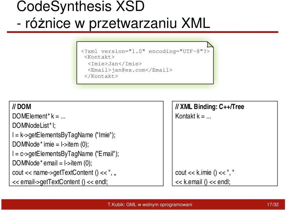 .. DOMNodeList* l; l = k->getelementsbytagname ("Imie"); DOMNode* imie = l->item (0); l = c->getelementsbytagname ("Email"); DOMNode*