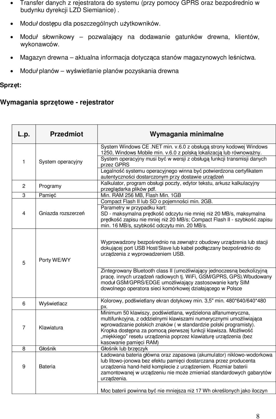 Moduł planów wyświetlanie planów pozyskania drewna Sprzęt: Wymagania sprzętowe - rejestrator L.p. Przedmiot Wymagania minimalne 1 System operacyjny System Windows CE.NET min. v.6.