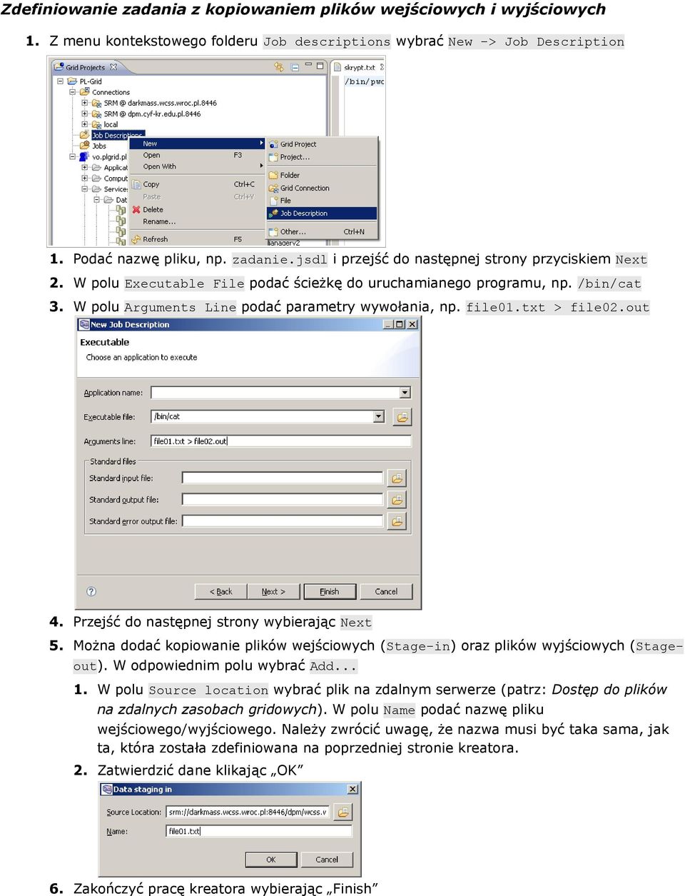 txt > file02.out 4. Przejść do następnej strony wybierając Next 5. Można dodać kopiowanie plików wejściowych (Stage-in) oraz plików wyjściowych (Stageout). W odpowiednim polu wybrać Add... 1.