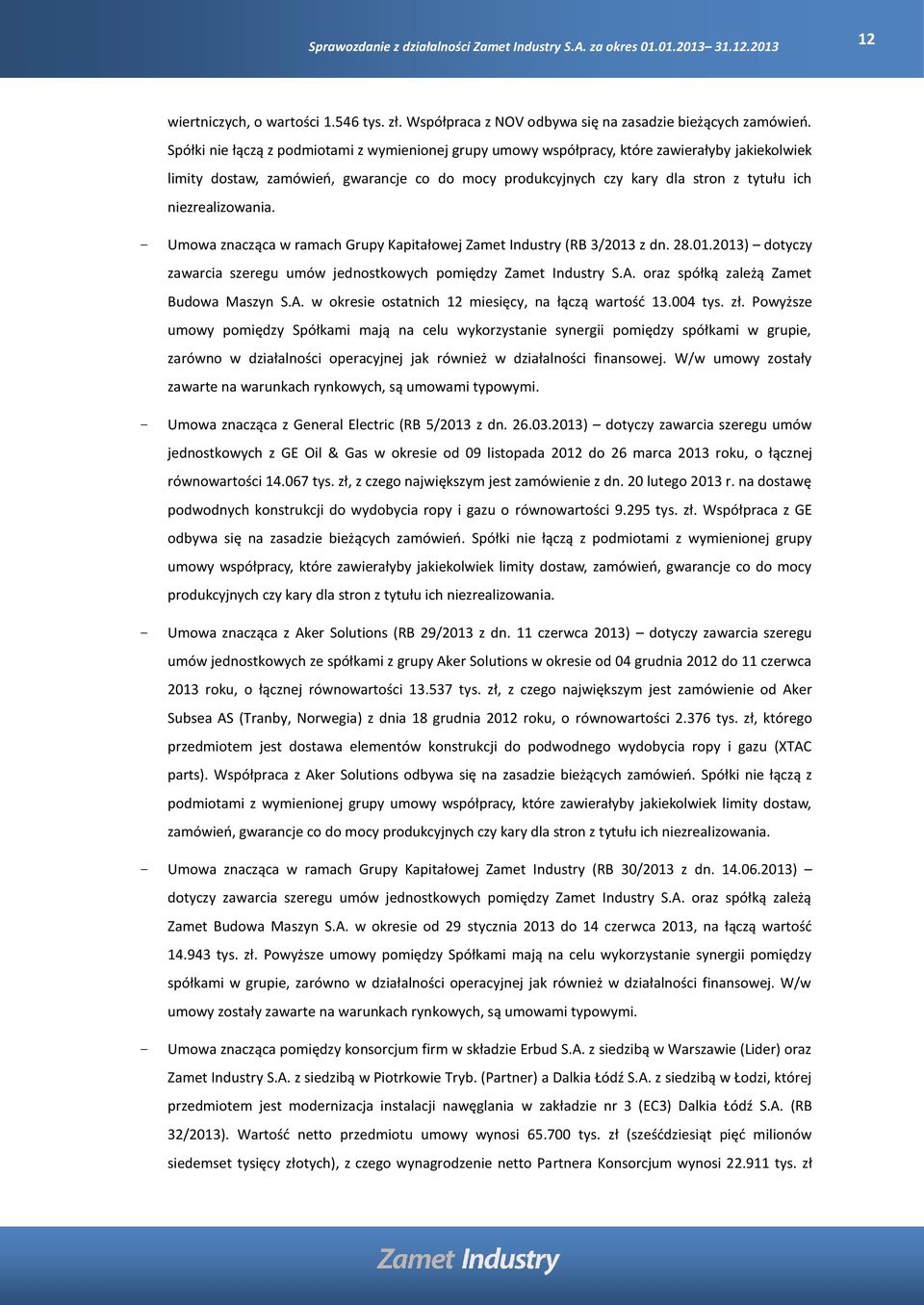 niezrealizowania. - Umowa znacząca w ramach Grupy Kapitałowej Zamet Industry (RB 3/2013 z dn. 28.01.2013) dotyczy zawarcia szeregu umów jednostkowych pomiędzy Zamet Industry S.A.