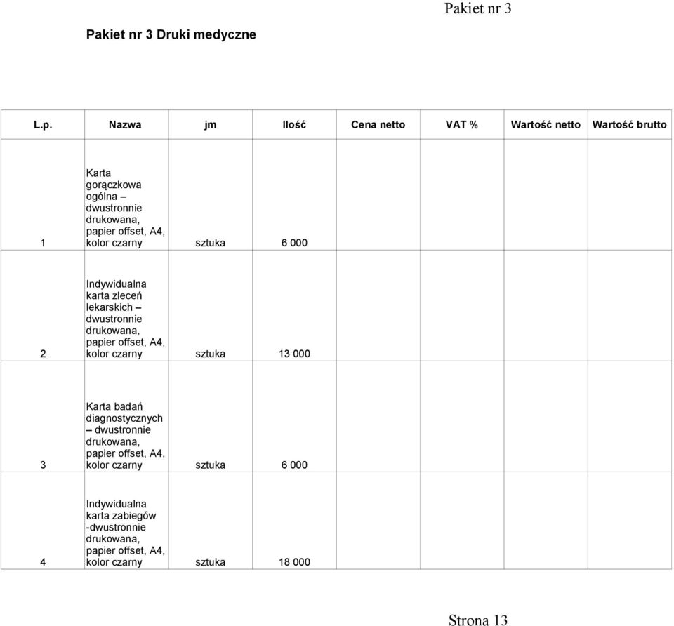 kolor czarny sztuka 6 000 Indywidualna karta zleceń lekarskich dwustronnie drukowana, papier offset, A4, 2 kolor czarny sztuka