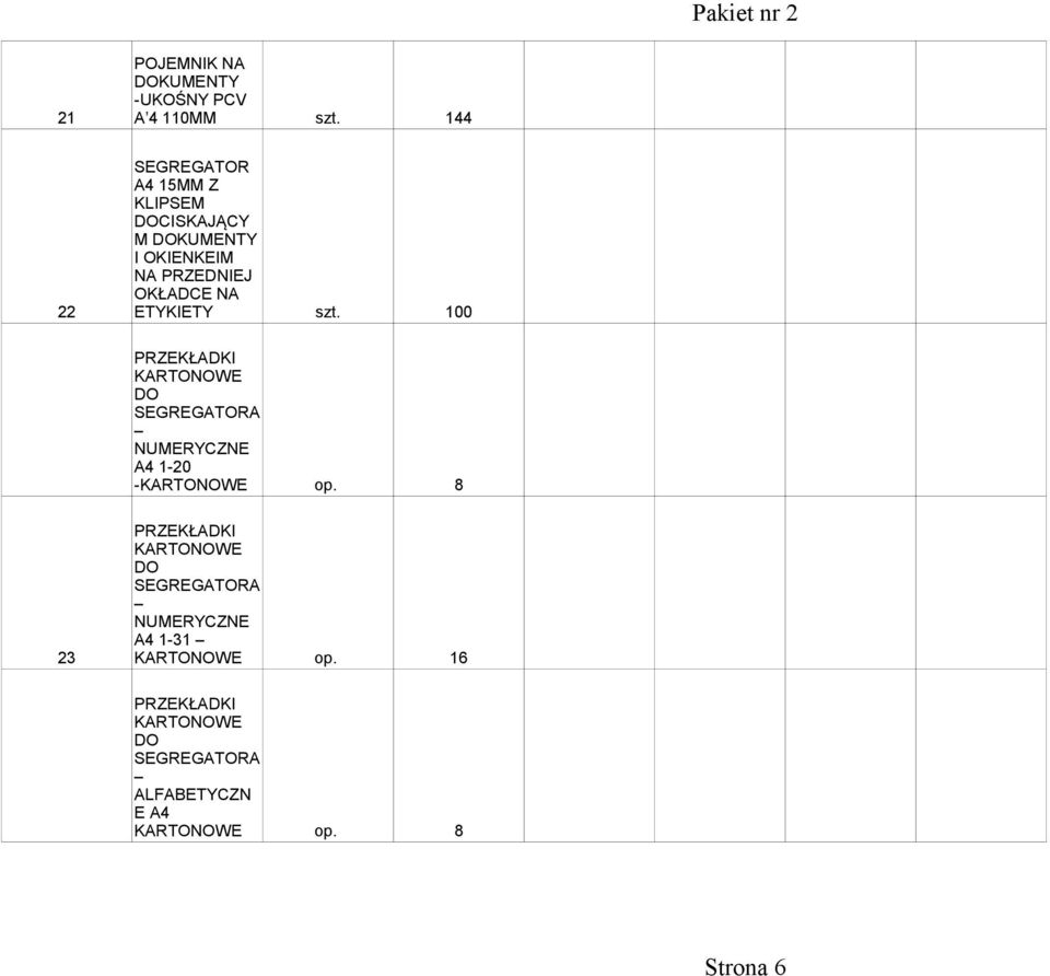 ETYKIETY szt. 100 PRZEKŁADKI KARTONOWE DO SEGREGATORA NUMERYCZNE A4 1-20 -KARTONOWE op.