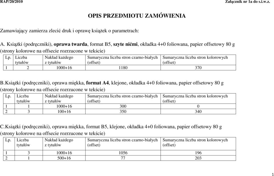 Książki (podręczniki), oprawa miękka, format A4, klejone, okładka 4+0 foliowana, papier offsetowy 80 g z czarno-białych kolorowych 1 1 1000+16 300 0 2 3