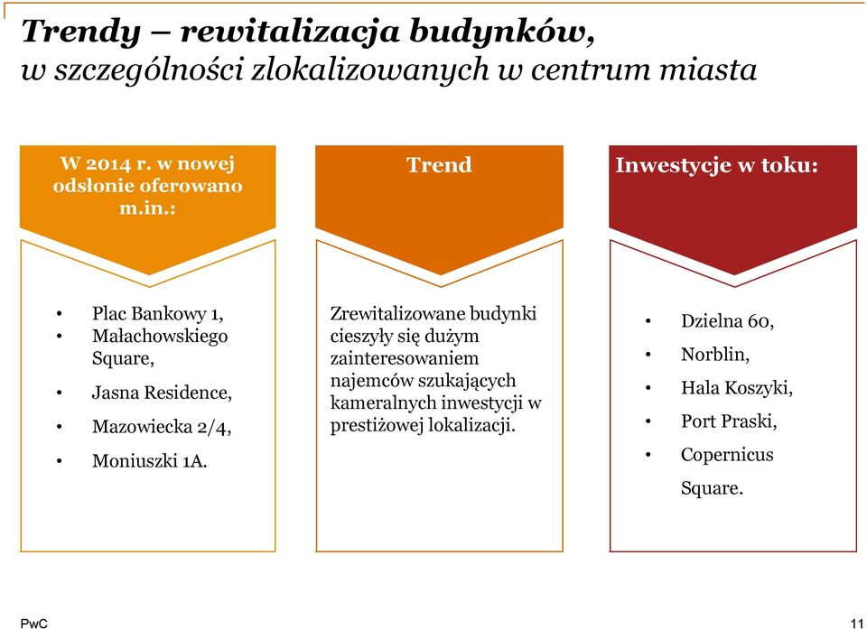 : Trend Inwestycje w toku: Plac Bankowy 1, Małachowskiego Square, Jasna Residence, Mazowiecka 2/4, Moniuszki