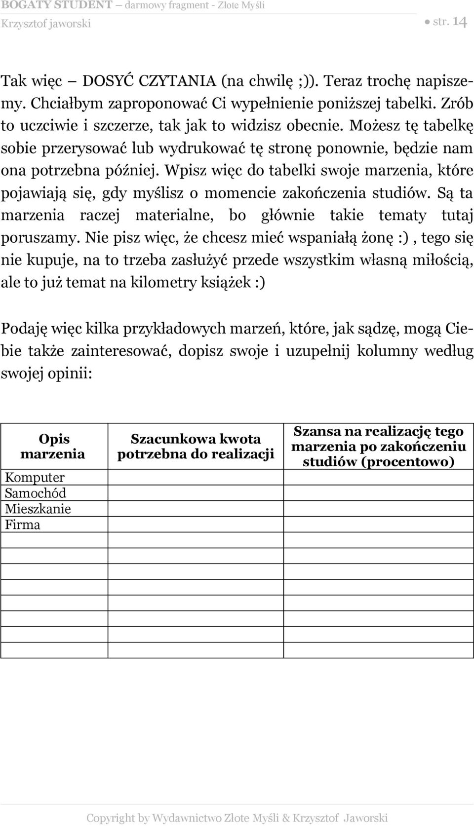 Wpisz więc do tabelki swoje marzenia, które pojawiają się, gdy myślisz o momencie zakończenia studiów. Są ta marzenia raczej materialne, bo głównie takie tematy tutaj poruszamy.