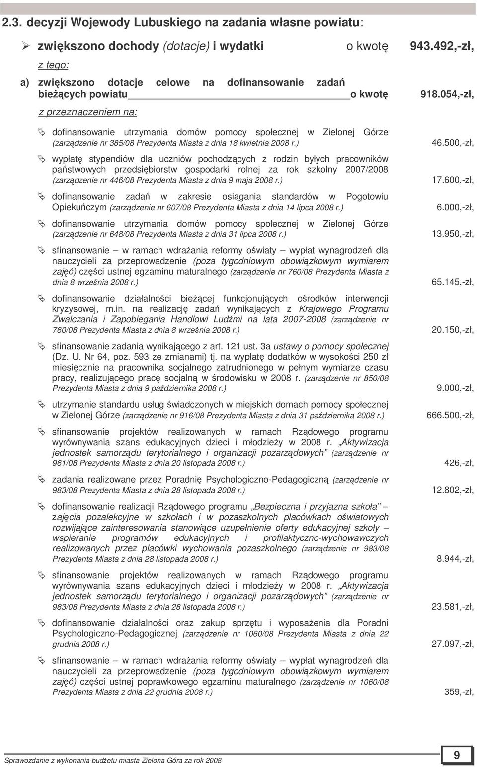 054,-zł, z przeznaczeniem na: dofinansowanie utrzymania domów pomocy społecznej w Zielonej Górze (zarzdzenie nr 385/08 Prezydenta Miasta z dnia 18 kwietnia 2008 r.
