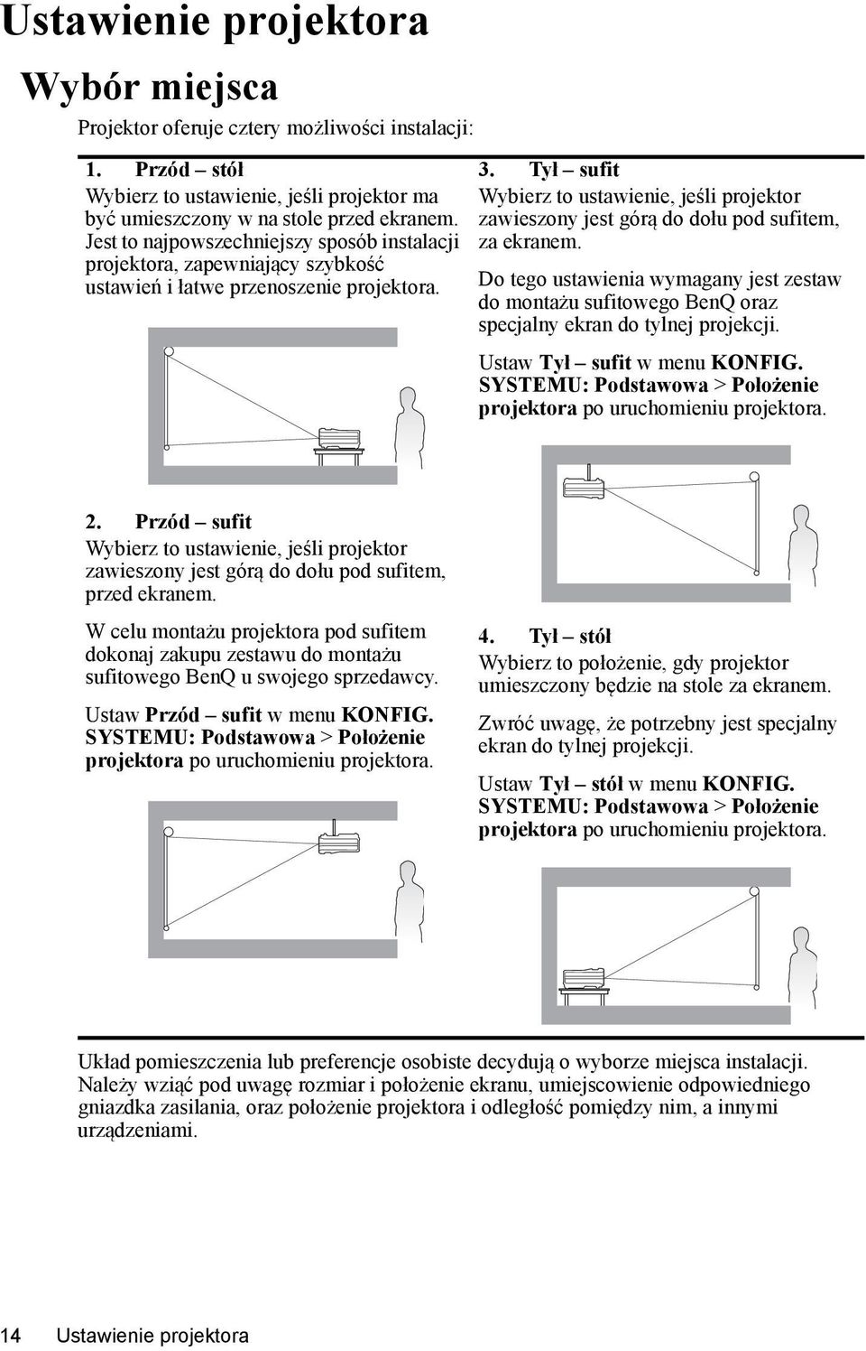 Tył sufit Wybierz to ustawienie, jeśli projektor zawieszony jest górą do dołu pod sufitem, za ekranem.