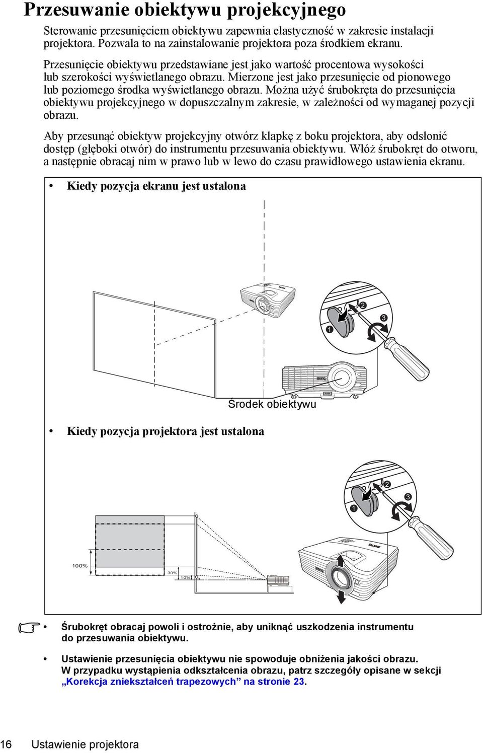 Można użyć śrubokręta do przesunięcia obiektywu projekcyjnego w dopuszczalnym zakresie, w zależności od wymaganej pozycji obrazu.