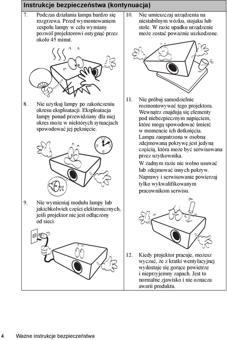 Eksploatacja lampy ponad przewidziany dla niej okres może w niektórych sytuacjach spowodować jej pęknięcie. 11. Nie próbuj samodzielnie rozmontowywać tego projektora.
