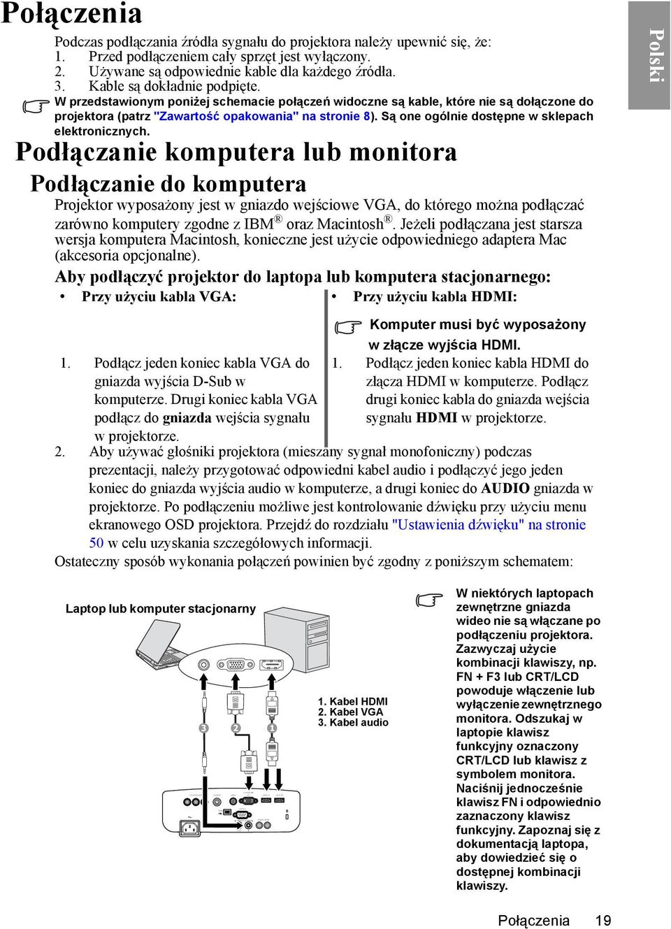 W przedstawionym poniżej schemacie połączeń widoczne są kable, które nie są dołączone do projektora (patrz "Zawartość opakowania" na stronie 8). Są one ogólnie dostępne w sklepach elektronicznych.