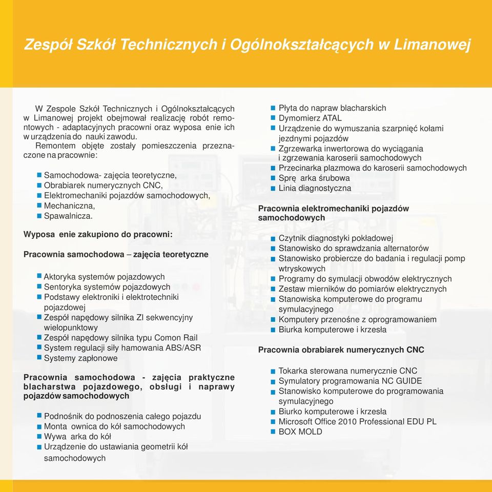 Remontem objęte zostały pomieszczenia przeznaczone na pracownie: Samochodowa- zajęcia teoretyczne, Obrabiarek numerycznych CNC, Elektromechaniki pojazdów samochodowych, Mechaniczna, Spawalnicza.