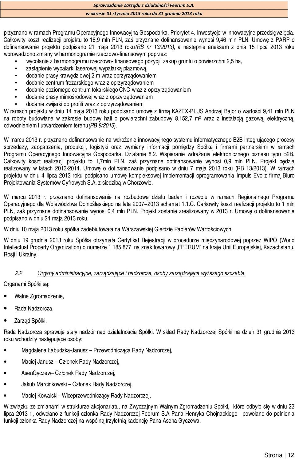 Umowę z PARP o dofinansowanie projektu podpisano 21 maja 2013 roku(rb nr 13/2013), a następnie aneksem z dnia 15 lipca 2013 roku wprowadzono zmiany w harmonogramie rzeczowo-finansowym poprzez: