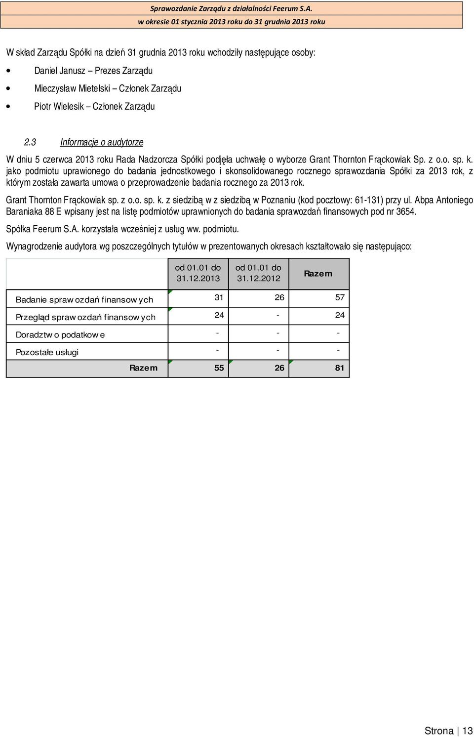 jako podmiotu uprawionego do badania jednostkowego i skonsolidowanego rocznego sprawozdania Spółki za 2013 rok, z którym została zawarta umowa o przeprowadzenie badania rocznego za 2013 rok.