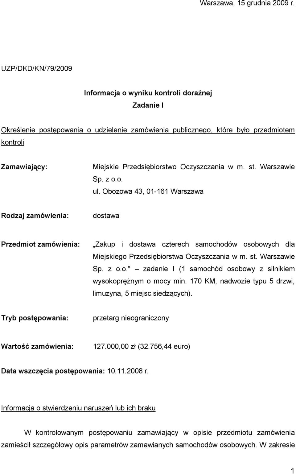 Oczyszczania w m. st. Warszawie Sp. z o.o. ul.